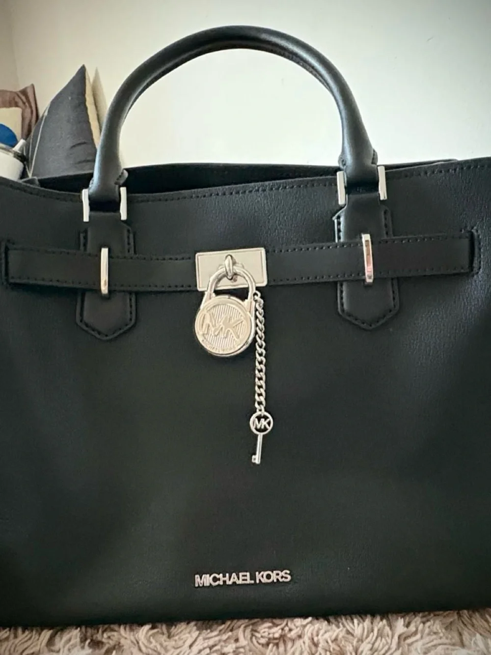 Michael Kors Black Leather Satchel with Signature Charm